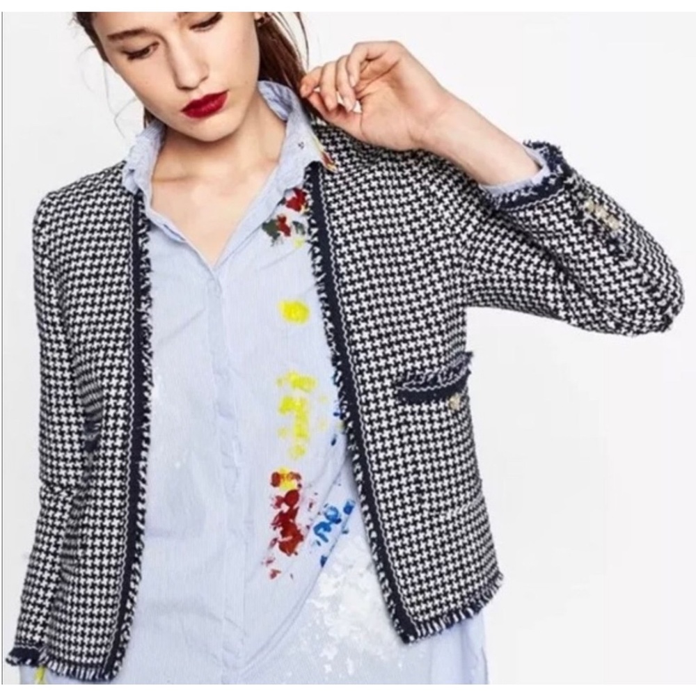 Zara black/white/navy blue tweed Chanel-style jacket, size S, NWT